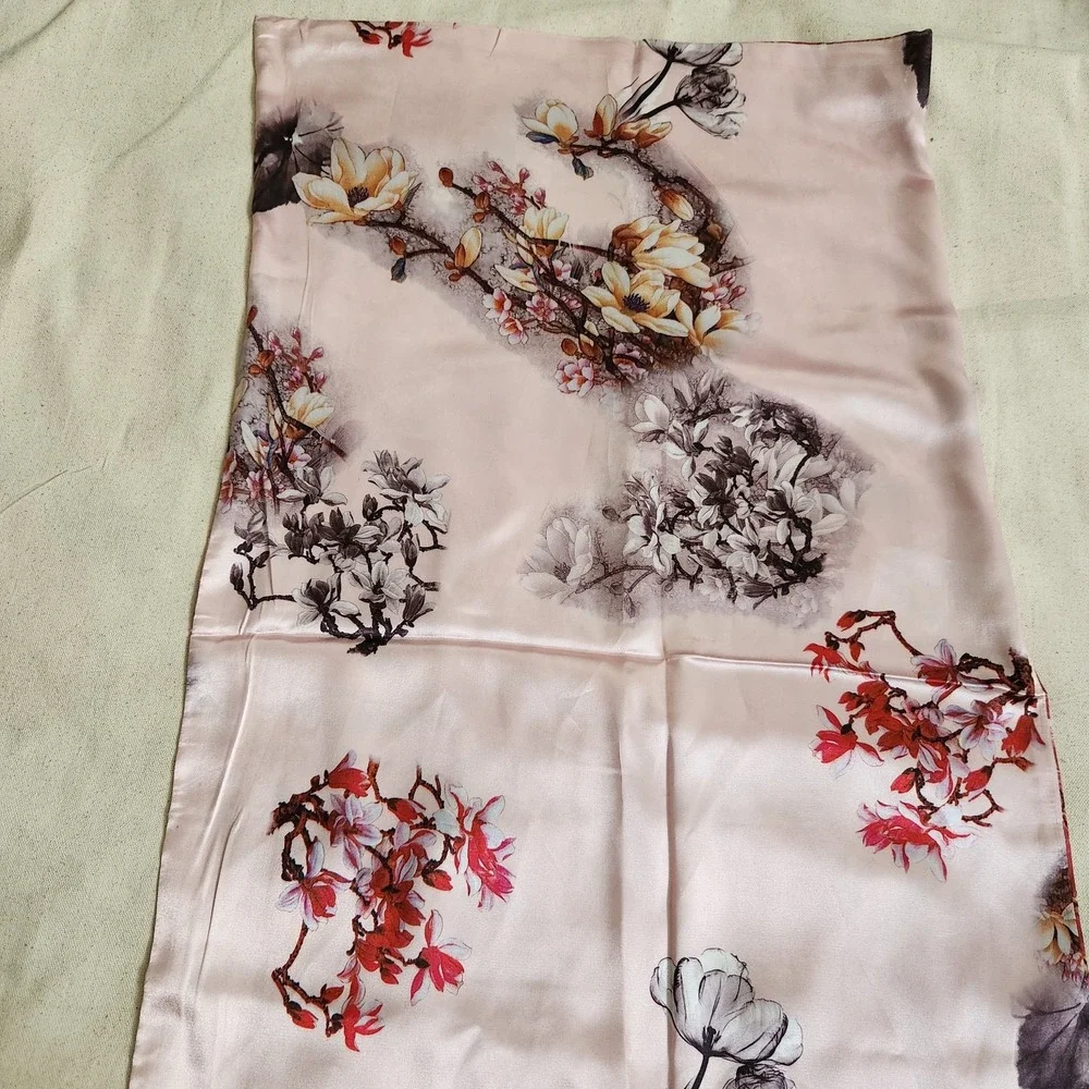 100% Silk Reversible Floral Scarf Pink Red Blossom Tree Branches Long Wrap 66x18
